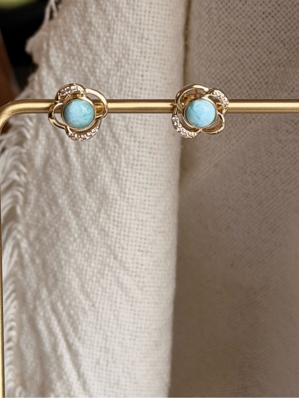 NEW! Gold Plated Stud Earrings with Larimar Stone - Picture 4 of 4
